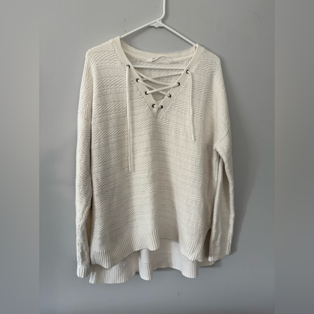 Athleta Sunset Lace Up Sweater Cream White Knit V-Neck Pullover Pattern Size L